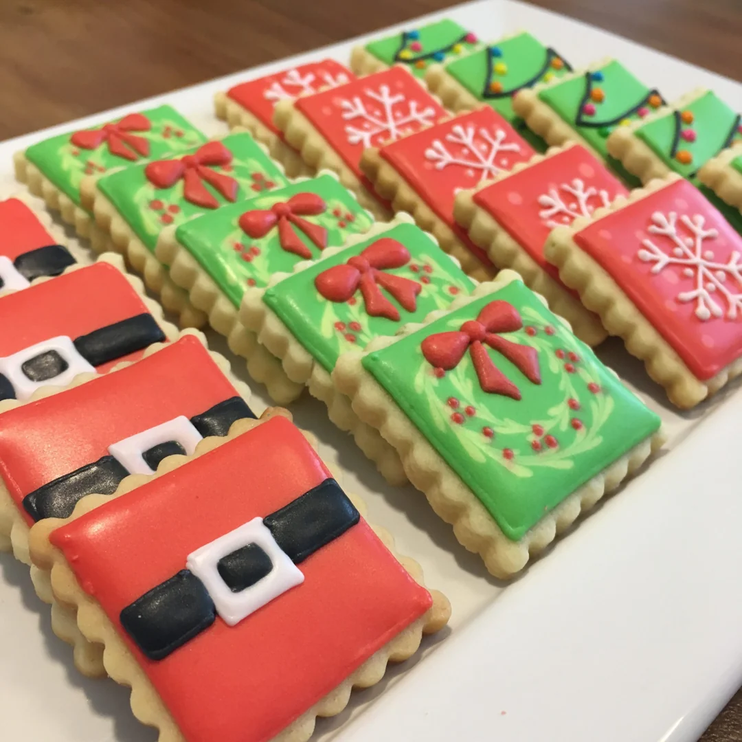 Biscoitos natalinos em vermelho e verde decorados com laços e detalhes de glacê